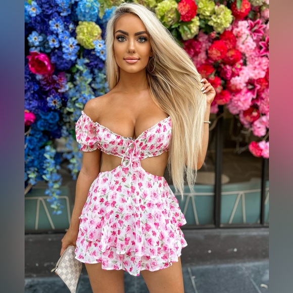 Pants - White Pink Floral Off Shoulder Romper